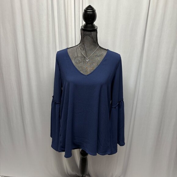 Brave V-Neck Long Bell Sleeve Top Womens Size Large Blue Pullover Boho Hippie - Picture 1 of 8